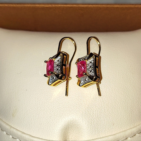 14K GOLD VERMILE 1ct NATURAL PINK EMERALD CUT SAPPHIRE EARRINGS LATCH BACK - Picture 9 of 15